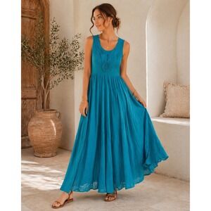 Grace Dresses Teal Smocked Midi Dress Womens M Empire Waist Flowy Boho